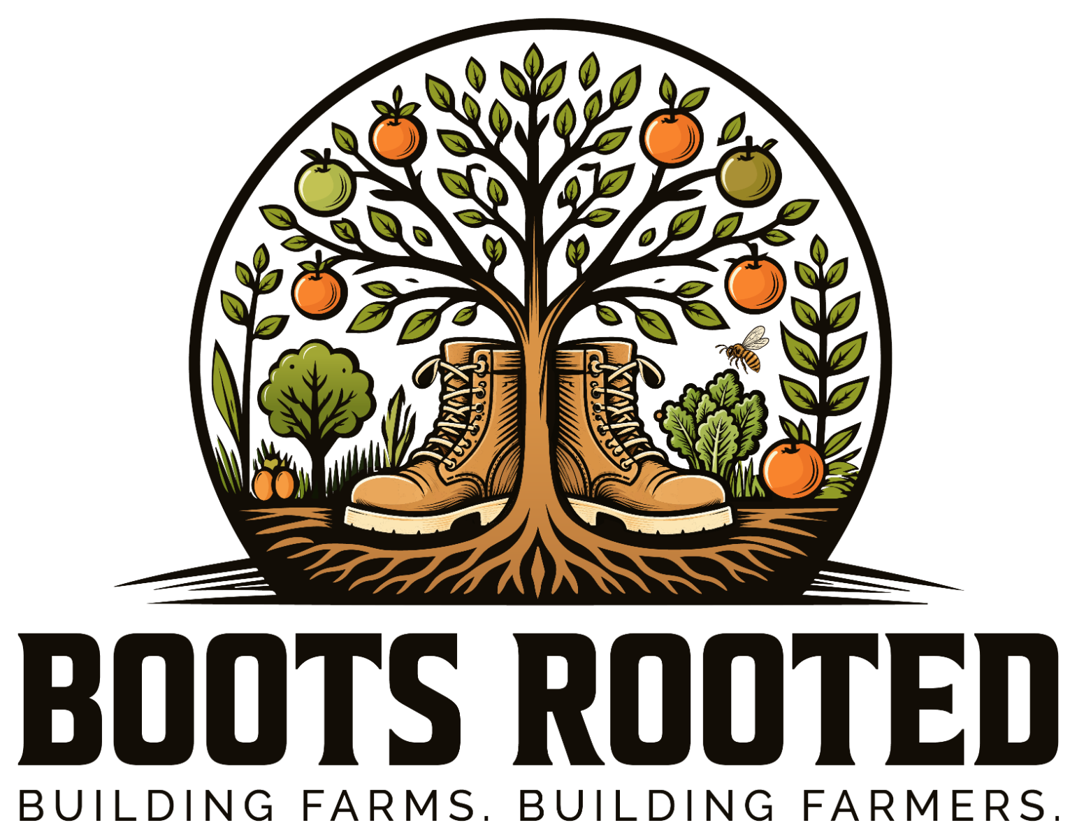 Boots Rooted official logo, Building Farms. Building Farmers.